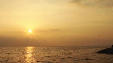 1920 x 1080 25 Fps. çok güzel kış altın deniz manzarası görünümünden Beach günbatımı güneş ışınları yatay görüş Video.