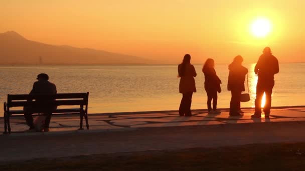 日落时人们坐在海滩上 看着风景和海景 — 图库视频影像