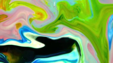Psikedelik renkli renkli resimlerle soyut bir arkaplan. Sıvı boyanın hareket edip yavaşça kaymasıyla organik etki. Dönüyor ve yayılıyor.