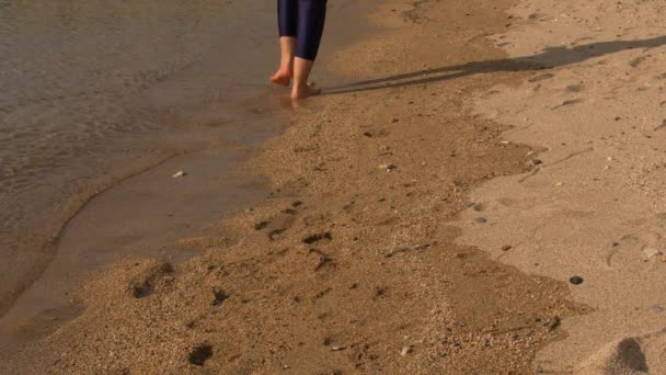 Gorda Hembra Pies Caminando Playa Filmación — Vídeo de stock