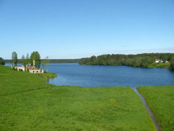 Letní Krajina Voda Jezero Modrá Zelená Světlý — Stock fotografie