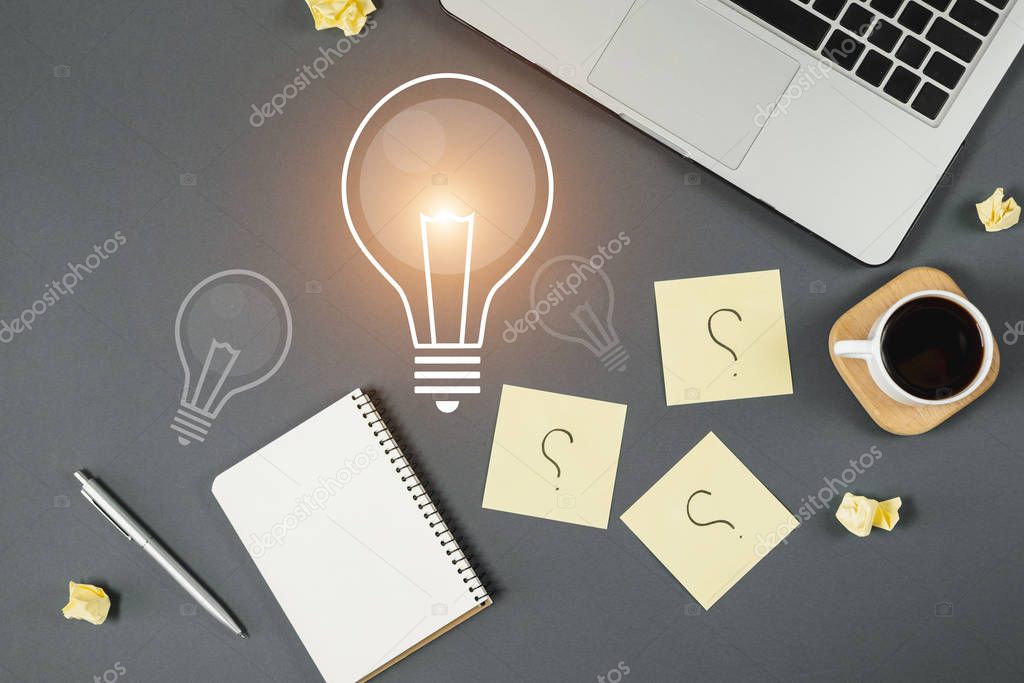 Asking, Decisions. Question mark on sticky notes, notebook, cup coffee, phone, pen on gray background. FAQ concept. Working with clients. Troubles in work. Flat lay, top view, copy space