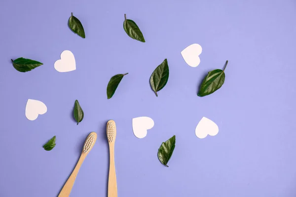 Zero conceito de desperdício. Duas escovas de dentes eco friendly de bambu de madeira, folha verde, corações brancos no fundo roxo. Eco amigável, conceito dia dos namorados. Flat lay, espaço de cópia — Fotografia de Stock