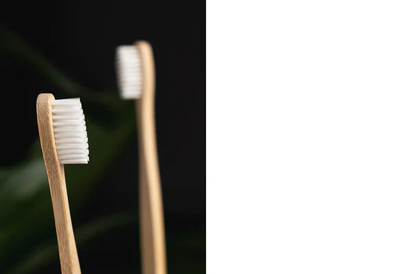 Dua kuas gigi bambu alami eko dan bingkai putih pada latar belakang hitam. Gaya hidup berkelanjutan dan nol limbah rumah. Perawatan gigi dan ramah Eco dan konsep penggunaan kembali. Salin ruang — Stok Foto
