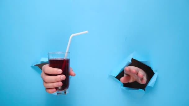 Close Female Hand Holding Glass Fresh Red Juice Straw Torn — Stock Video