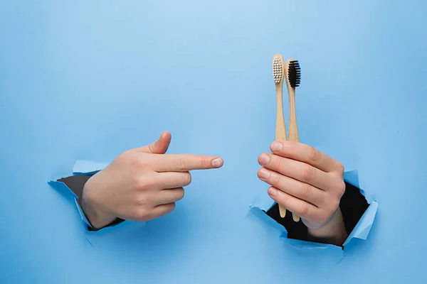 Hembra irreconocible apuntando a cepillos de dientes ecológicos de bambú a través de una pared de papel azul desgarrada. Cuidado dental y concepto ecológico y de reutilización. Copiar el espacio a un lado para su contenido publicitario — Foto de Stock