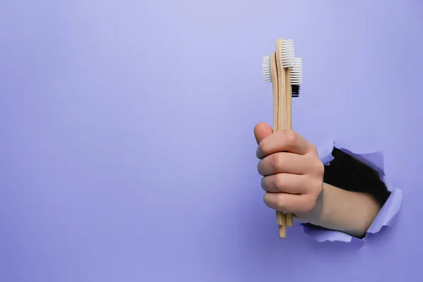 Close up de mão feminina segurando bambu eco escovas de dentes através de uma parede de papel roxo rasgado. Cuidados dentários e Eco amigável e conceito de reutilização. Copie espaço de lado para o seu conteúdo publicitário — Fotografia de Stock