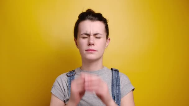 Upset Young Woman Covers Face Palm Feels Overworked Fatigue Wants — Stock Video