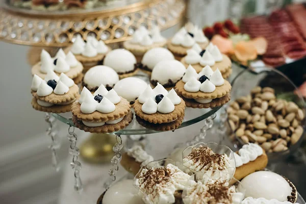 生日或婚礼用的漂亮餐桌 糖果吧 有很多不同的糖果和甜蛋糕 有选择的重点 聚会和假日庆祝的概念 — 图库照片