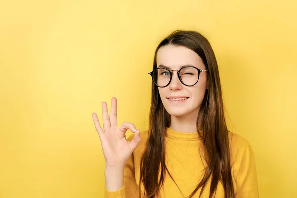 Inga Problem Närbild Porträtt Ung Kvinna Glasögon Gör Okej Gest — Stockfoto