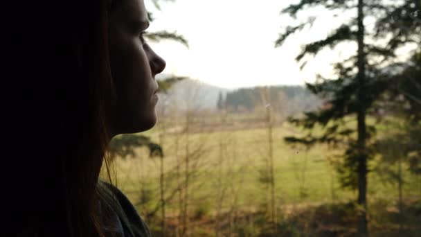 Zdenerwowana Młoda Kobieta Patrzy Przez Okno Myśląc Problemach Osobistych Smutna — Wideo stockowe