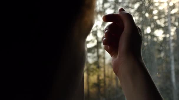 把注意力集中在女性的手握着窗户在家里 在夕阳西下打趣地挥动着他的手指 概念待在家里 自我孤立和社会疏离 — 图库视频影像