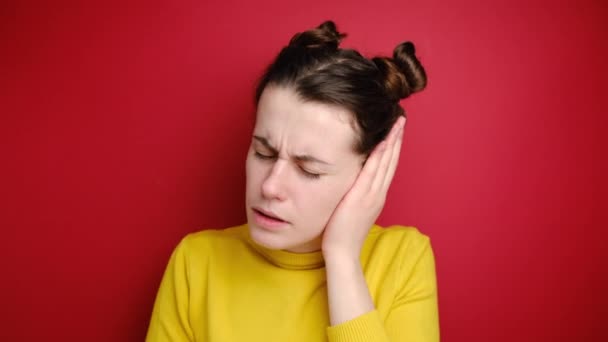 Stressed Frowning Girl Plugging Ear Feeling Painful Discomfort Avoids Bad — Stock Video