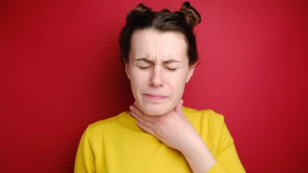 Respiration Problems Unhappy Sick Woman Touches Neck Suffers Sore Throat — Stock Video