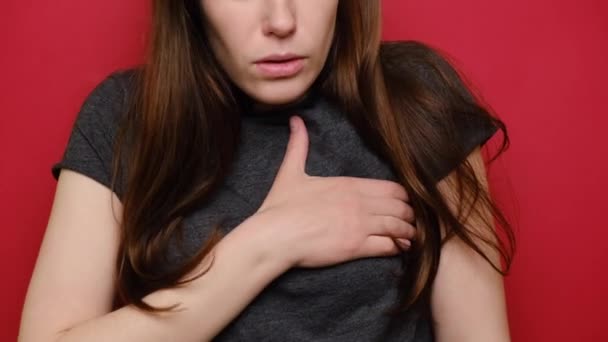 Close Tired Young Woman Feeling Pain Ache Touching Chest Having — Stock Video