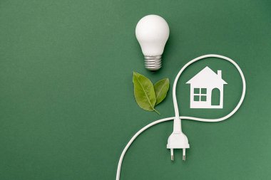 Enerji tasarrufu, çevre dostu, küresel ısınma kavramı. Yeşil zemin üzerinde kopya alanı olan yaratıcı üst görünüm düz LED ampul, elektrik prizi, yapraklar, kağıt ev kompozisyonu