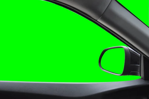 Spiegel en achterzijde zijaanzicht, weergave in de auto met groene scree geïsoleerd. — Stockfoto