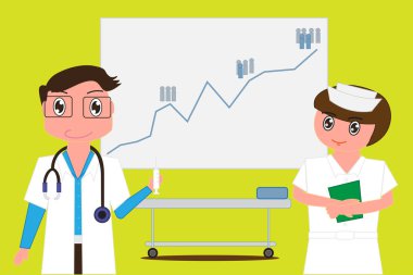 Doktor şırınga tutar ve hemşire ellerinin üzerinde arka plan klasöründe bir istatistik kurulu gösterdiği şekilde artan hastalık istatistik nüfus ve metin için boş yer vardır. -Vektör çizim eps 10 .