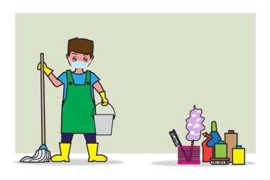 Paspas ve su deposu tutan bir adam. -Düz çizgi film ve arka plan kavramı iş temizlik. _Esp10.EPS