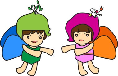 Bir erkek yeşil ve pembe kız, kelebek giyim sinek ile koymak kanatlar. -Vektör çizim eps 10