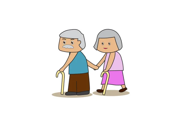 高齢の祖母と祖母の使用棒 カップルは手を取り合って お互いの世話をします フラットな漫画と高齢者の概念 Eps10 — ストックベクタ