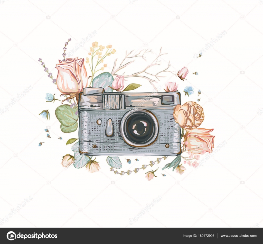 Vintage Retro Photo Camera Flowers Leaves Branches White Background Watercolor Vector Image By C Gluiki Vector Stock