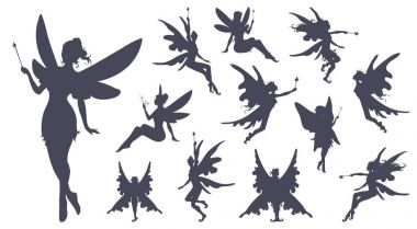Cute Fairies silhouette collection, Little fairies set. Hand drawn vector illustration clipart