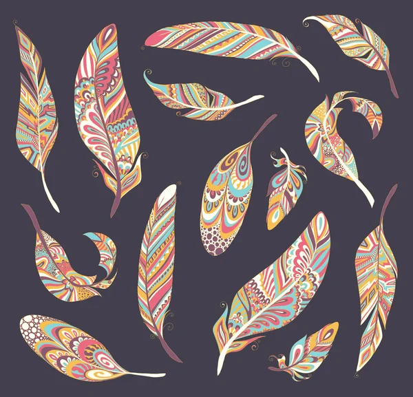 黄金部落的羽毛集 民族收藏 孤立于黑色 手绘设计 矢量插画 波西米亚风格 — 图库矢量图片
