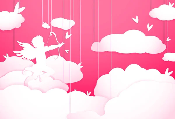 Linda Tarjeta Felicitación San Valentín Con Cupido Las Nubes Decoración — Vector de stock