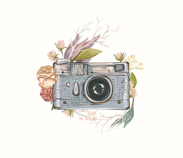 ビンテージ レトロ写真カメラの花 枝の白い背景の上 水彩デザイン フラット スタイル 手描きベクトル イラスト コラージュで区切られた要素 — ストックベクタ