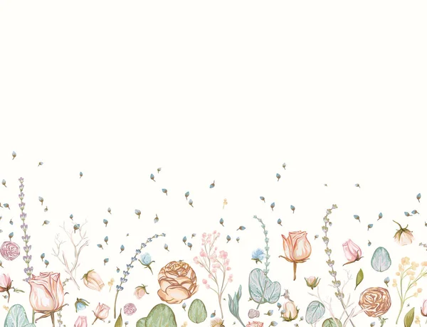 Акварель Квіткова Межа Вінтажні Трави Дикі Квіти Ботанічна Мальована Рука — стоковий вектор