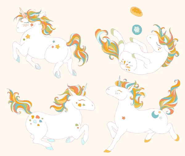 Modello Con Unicorni Carino Stelle Cuori Nuvole Arcobaleno Dolci Ciambelle — Vettoriale Stock