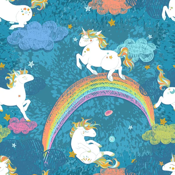 Modello Senza Soluzione Continuità Con Unicorni Carino Stelle Cuori Arcobaleno — Vettoriale Stock