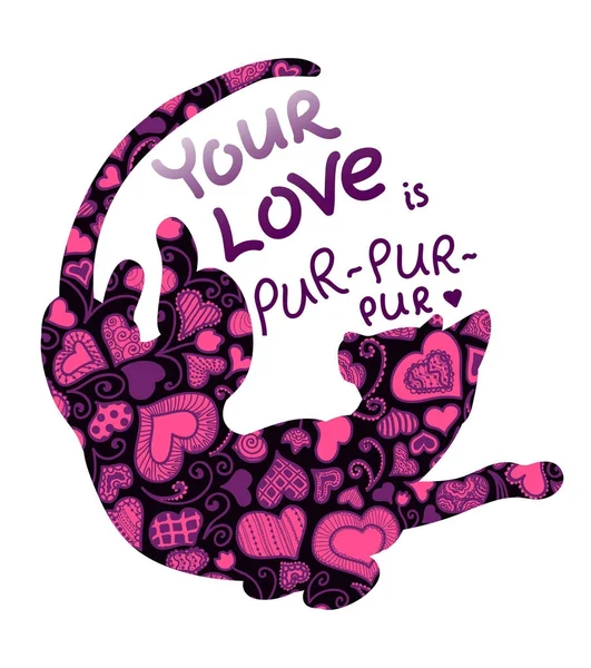 Tarjeta San Valentín Con Gato Fondo Adornado Patrón Dibujado Mano — Archivo Imágenes Vectoriales