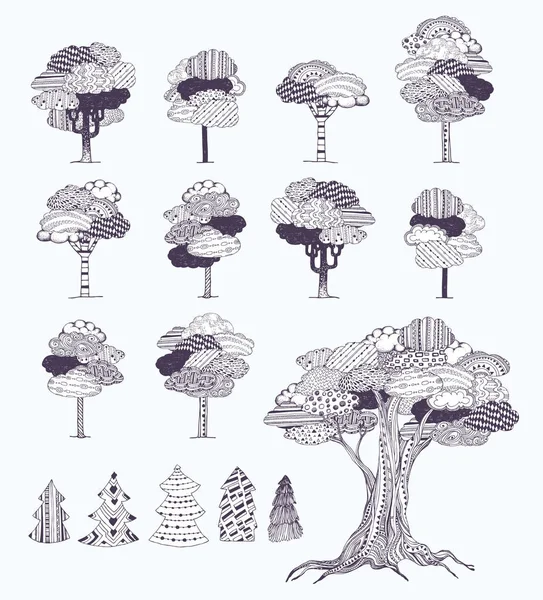 Siyah Beyaz Fantezi Bulutlar Yaprakları Ağaçlarıyla Kitap Sayfa Boyama Yetişkin — Stok Vektör
