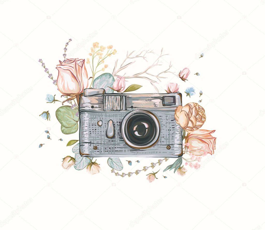 Vintage Retro Photo Camera Flowers Leaves Branches White Background