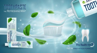 Refreshing mint, Toothpaste ads. Toothpaste on toothbrush, water drops, mint leaves. Drawn elements, 3d vector illustration, cosmetics product, blur, shine background, sparkling effect clipart