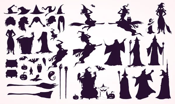 Feliz Colección Halloween Creador Brujas Cabezas Cuerpos Atributos Brujas Elementos — Vector de stock