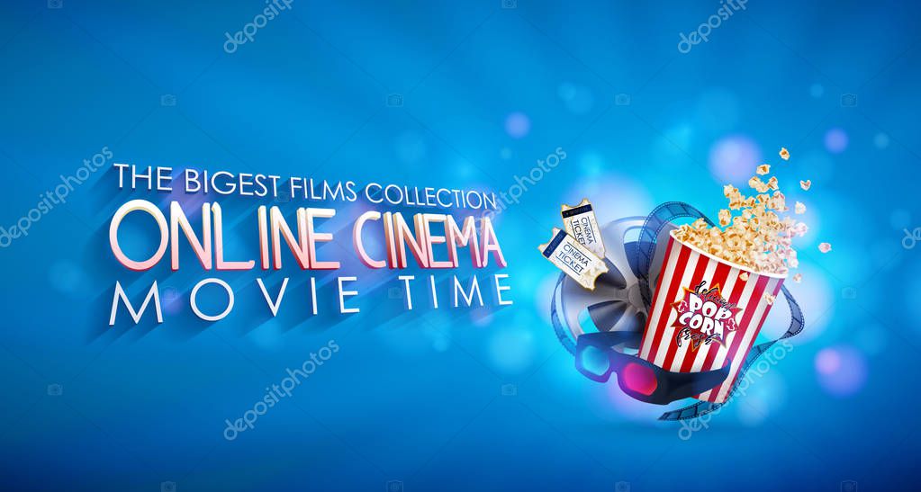 Set of popcorn, 3d glasses, cinematography tape, cinema ticket. Drawn vector illustration, realistic cinematography design, vintage colorful background, art for online cinema, movie, film, theater