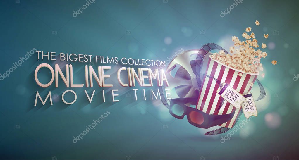 Set of popcorn, 3d glasses, cinematography tape, cinema ticket. Drawn vector illustration, realistic cinematography design, vintage colorful background, art for online cinema, movie, film, theater