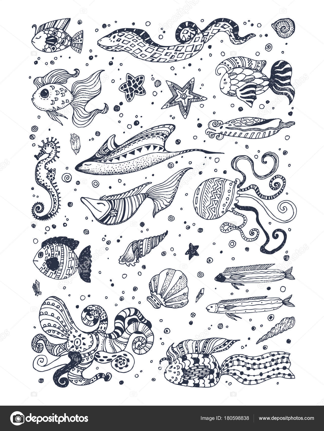 Bianco e nero stilizzato vita di mare per libro da colorare Doodle pesce etnici geometrico stelle marine cavallucci marini e seashell set