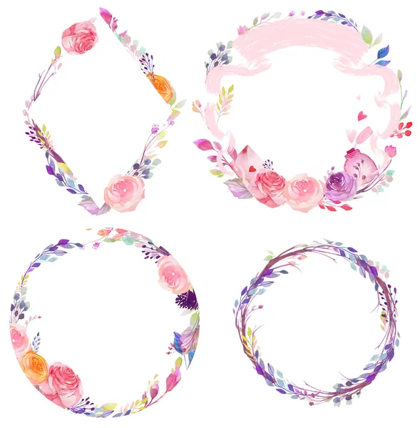 Watercolor flowers, leaves, branches isolated on white. Sketched wreath for romantic, wedding, valentines day design. Hand drawn imitation of Watercolor style