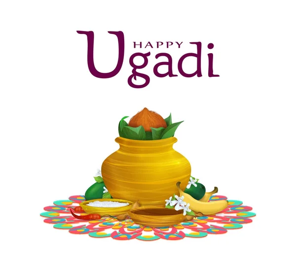Happy Ugadi Holiday Set Template Greeting Card Gold Pot Coconut Stock ...