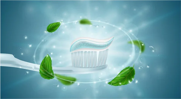 Menta Refrescante Anuncios Pasta Dientes Pasta Dientes Cepillo Dientes Gotas — Vector de stock