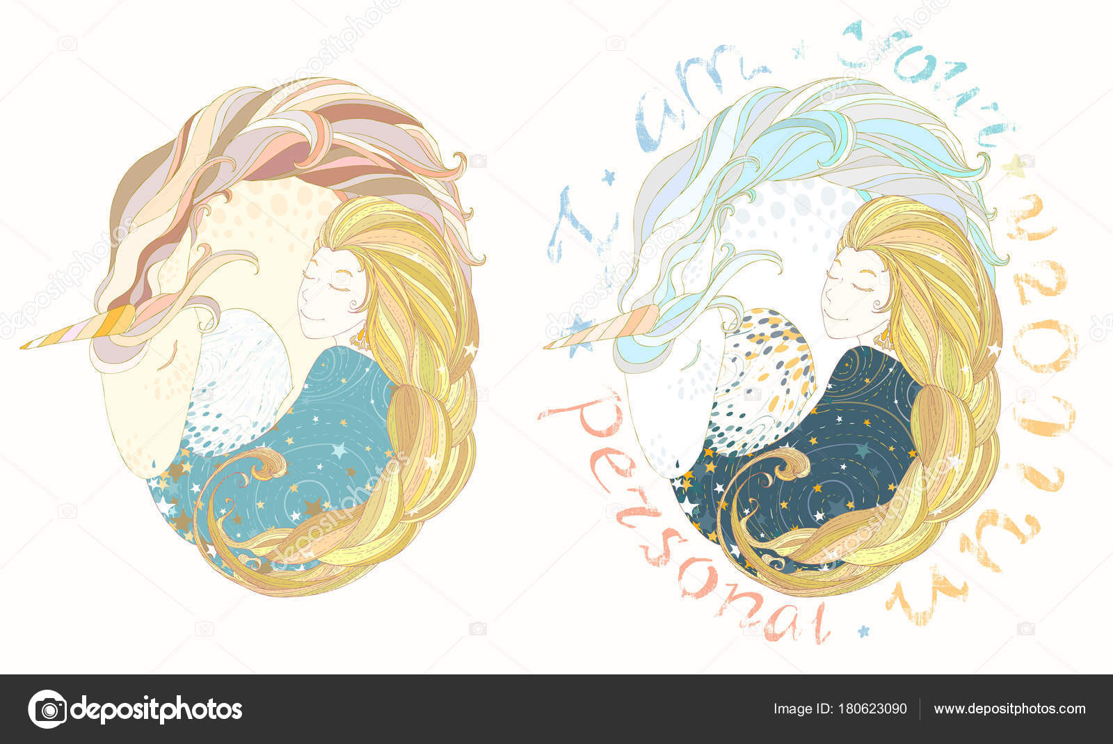 Cielo notturno stelle e astrazione La ragazza abbraccia unicorno Colorato di vettore illustrazione disegnata a mano — Vettoriali di Gluiki