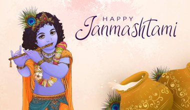 Happy Janmashtami Indian fest decoration background. Celebration of birth of Lord Krishna. Template for flyer, logo, banner, greeting cards. Hand drawn Vector illustration of Dahi Handi on Janmashtami clipart