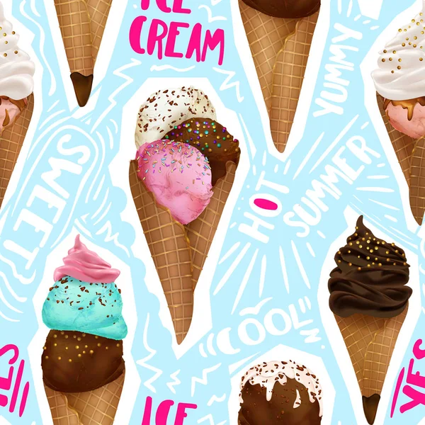 Ice Cream Collectie Chocolade Vanille Crème Scoops Wafel Kegel Verschillende — Stockvector