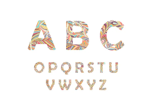 Alfabeto Vetorial Brilhante Étnico Ornamentos Paisley Fonte Hipster Graphic Floral —  Vetores de Stock