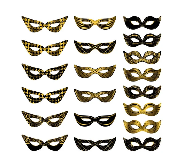 Coleção Máscara Carnaval Ouro Ornamento Decorativo Preto Dourado Máscaras Isoladas — Vetor de Stock