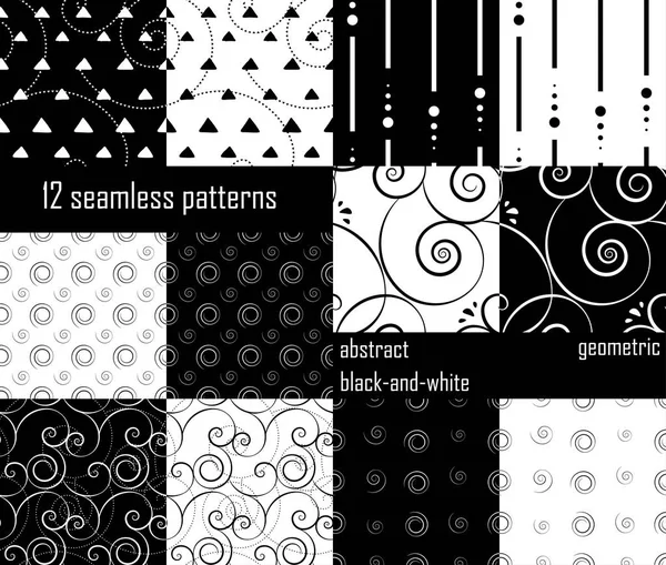 Set Abstract Geometric Seamless Pattern Black White Spirals Triangles Lines — Stock Vector